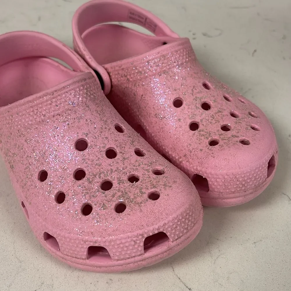 CROCS Unisex-Child Classic Glitter Clogs Kids Sparkly Flamingo Pink Size 12